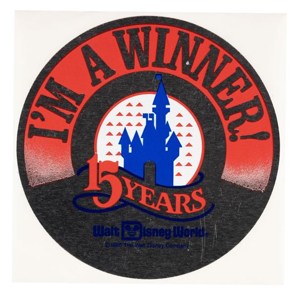 A Walt Disney World 15th Anniversary Winner Sticker.