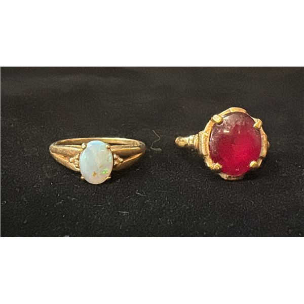 APPROX 14K LADIES RING SET WITH OPAL AND DIAMONDS & APPROX 10K LADIES RING SET WITH RED