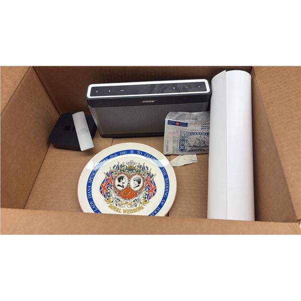 MEMORABILIA AND MORE: BOSE STEREO WITH REMOTE, APPLE TV, CHARLES AND DIANA COMMEMORATIVE PLATE,