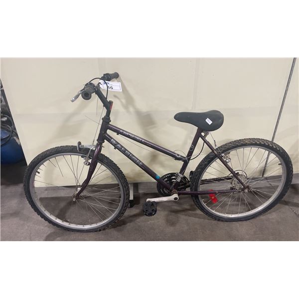 2 BIKES: RALEIGH AMBUSH PURPLE 18 SPEED MOUNTAIN BIKE & BLACK NO NAME 12 SPEED ROAD BIKE