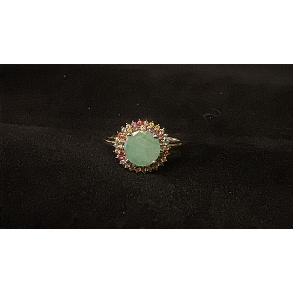 STERLING SILVER 14K GOLD PLATED RING SET WITH EMERALD AND MULTICOLOURED SAPPHIRES SIZE 8