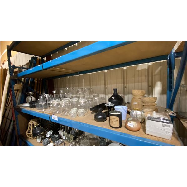 SHELF OF ASSORTED HOME DECOR ITEMS INCLUDING CANDLES, VASES, CANDLE HOLDERS, WINE GLASSES, KITCHEN