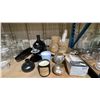 Image 2 : SHELF OF ASSORTED HOME DECOR ITEMS INCLUDING CANDLES, VASES, CANDLE HOLDERS, WINE GLASSES, KITCHEN