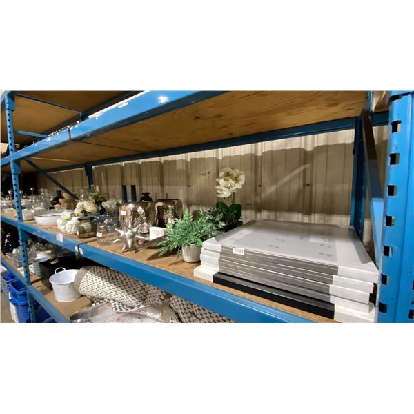 SHELF OF ASSORTED HOME DECOR ITEMS INCLUDING VASES, FAUX PLANTS, PICTURE FRAMES, DECORATIVE JARS,