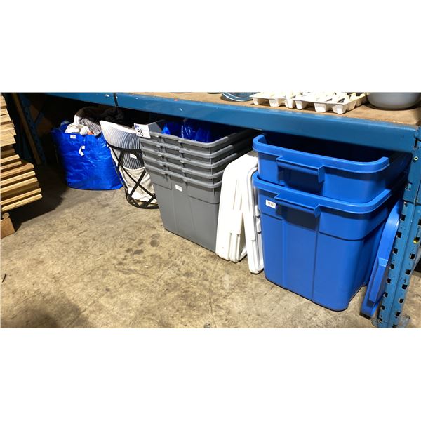 SHELF OF ASSORTED STORAGE BINS WITH LIDS, PILLOWS, LAUNDRY BASKET & BLANKETS