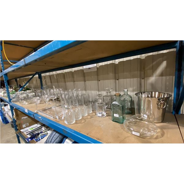 SHELF OF ASSORTED DRINKING GLASSES, JARS, ICE BUCKET & DECANTERS