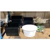 Image 2 : SHELF OF ASSORTED STORAGE BASKETS, FAUX PLANT DECOR, AIR HOCKEY TABLE & BRAIDED STYLE DESIGNER RUG