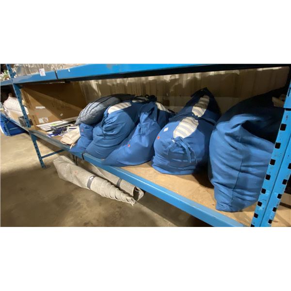 SHELF OF ASSORTED PILLOWS, VENT COVERS, LARGE DESIGNER RUG, HARDWARE & WOODEN DRAWER