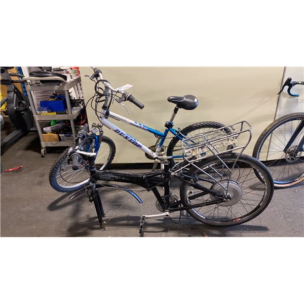 2 BIKES: DUNLOP 21 SPEED WHITE FRONT SUSPENSION MOUNTAIN BIKE & DAHON BLACK BIKE *NEEDS REPAIR*