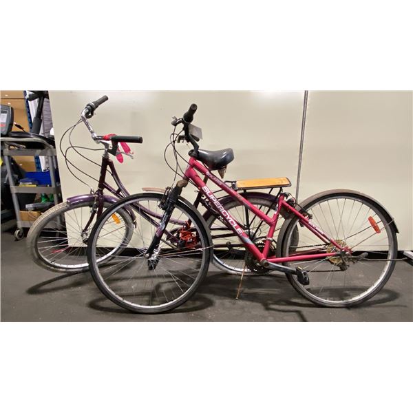 2 BIKES: EVERYDAY KENSINGTON PURPLE CRUISER BIKE & SUPERCYCLE SOLARIS PINK FRONT SUSPENSION