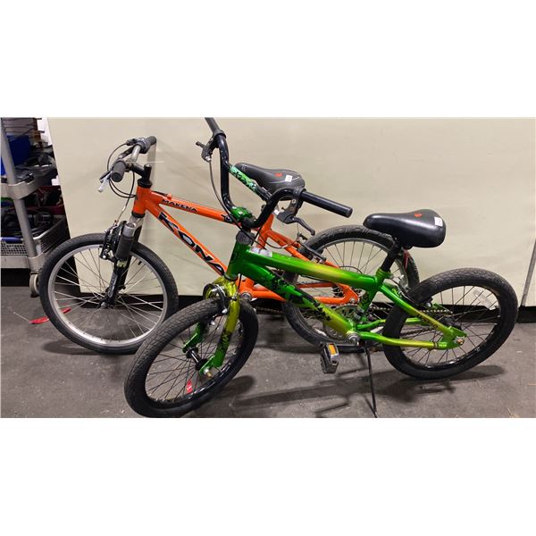 2 YOUTH BIKES: KONA MAKENA ORANGE 6 SPEED FRONT SUSPENSION MOUNTAIN BIKE & MOVELO GREEN SINGLE