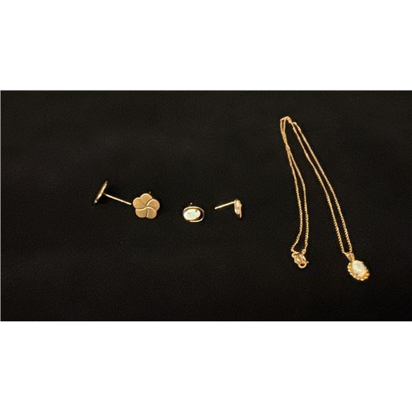 APPROX 14K CHAIN (15") WITH APPROX 14K PENDANT SET WITH OPAL, PAIR APPROX 14K EARRINGS SET WITH