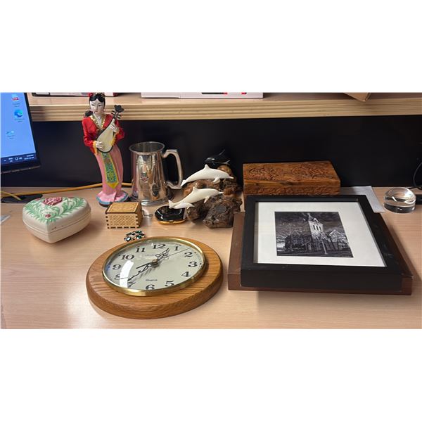 COLLECTABLES AND MORE; FIGURINES, FRAMED PICTURES, JEWELRY BOX, TRINKETS