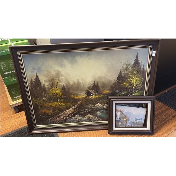 TWO FRAMED PAINTINGS; SMALL FRAMED CITYSCAPE-OIL ON CANVAS SIGNED 'BURNETT', LARGE FRAMED