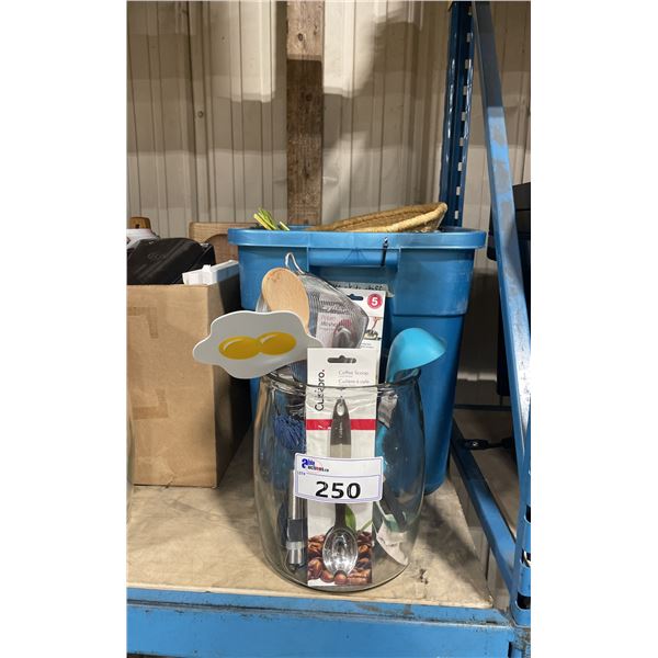 BLUE BIN OF ASSORTED KITCHEN UTENSILS, & NEW RETAIL KITCHEN PRODUCTS