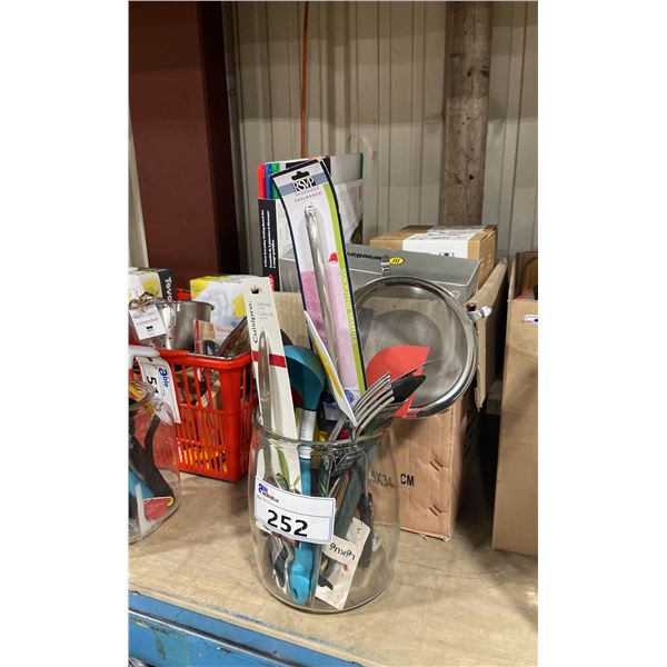 BOX OF ASSORTED KITCHEN UTENSILS, & NEW RETAIL KITCHEN PRODUCTS