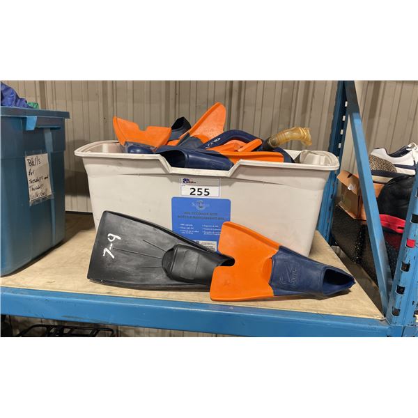 GREY PLASTIC BIN OF ASSORTED SIZE / STYLE FLIPPERS & SNORKELS *BIN INCLUDED*