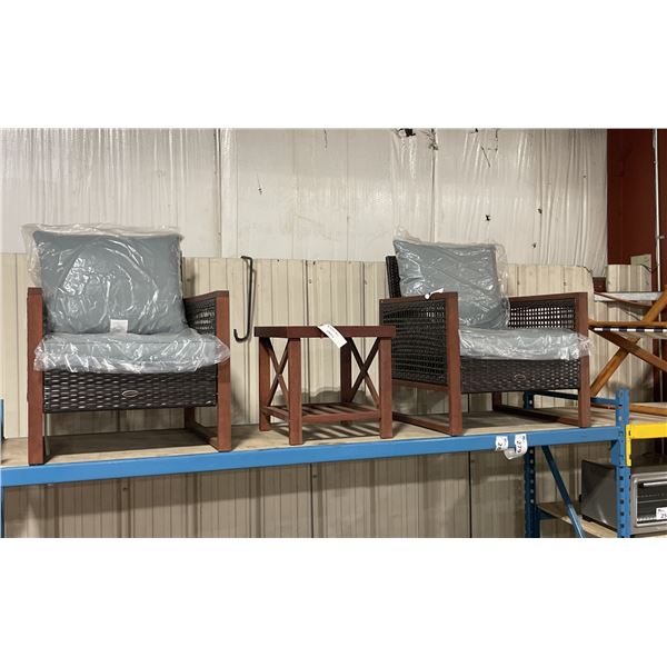 PATIOFLARE COLTON WOOD / PLASTIC RATTAN 3PCS OUTDOOR PATIO CHAT SET WITH GREY CUSHIONS
