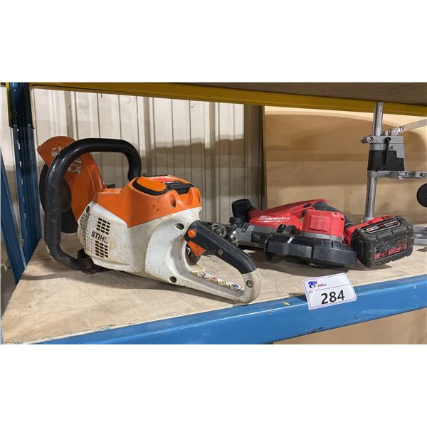 STIHL MINI GAS POWERED PORTABLE CHOP SAW & MILWAUKEE M18 CORDLESS BAND SAW WITH BATTERY *NO CHARGER*