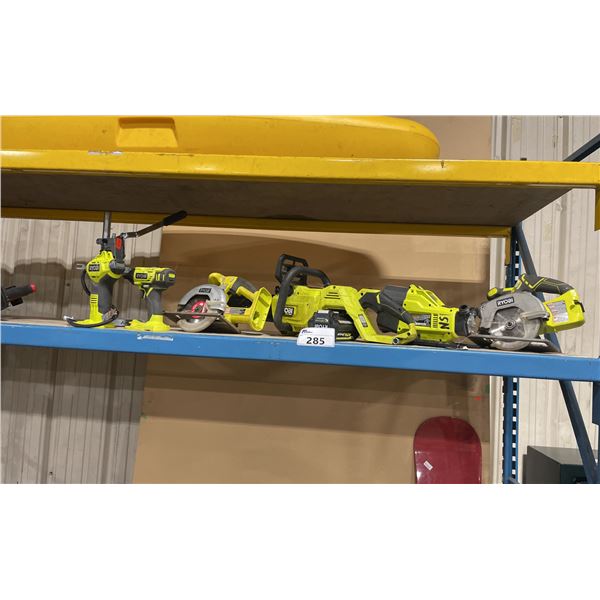 RYOBI CORDLESS TOOLS INCLUDING INFLATOR, 2 MINI CIRCULAR SAWS, DRILL, CHAINSAW, DRILL STAND & PUMP