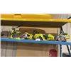 Image 1 : RYOBI CORDLESS TOOLS INCLUDING INFLATOR, 2 MINI CIRCULAR SAWS, DRILL, CHAINSAW, DRILL STAND & PUMP