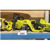 Image 3 : RYOBI CORDLESS TOOLS INCLUDING INFLATOR, 2 MINI CIRCULAR SAWS, DRILL, CHAINSAW, DRILL STAND & PUMP