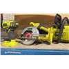 Image 4 : RYOBI CORDLESS TOOLS INCLUDING INFLATOR, 2 MINI CIRCULAR SAWS, DRILL, CHAINSAW, DRILL STAND & PUMP