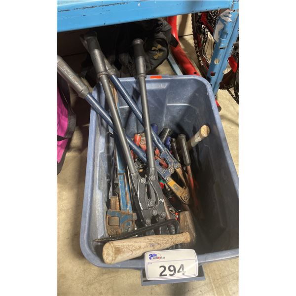 BLUE RUBBERMAID BIN OF ASSORTED INDUSTRIAL HAND TOOLS *BIN INCLUDED*