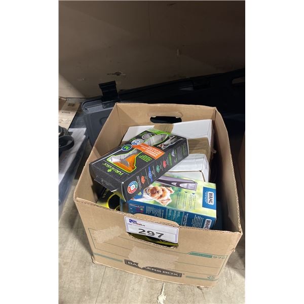 BOX OF ASSORTED DOG GROOMING ITEMS & VARIOUS ELECTRICAL PARTS