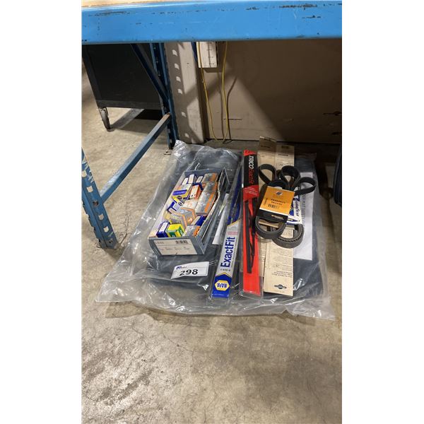 CAR MATS, LIGHTS, FAN BELTS, WIPERS & ASSORTED CAR ITEMS