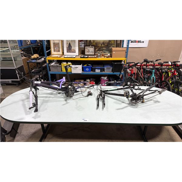 PURPLE NO NAME FULL SUSPENSION BIKE FRAME & BLACK SCHWINN FRONT SUSPENSION BIKE FRAME