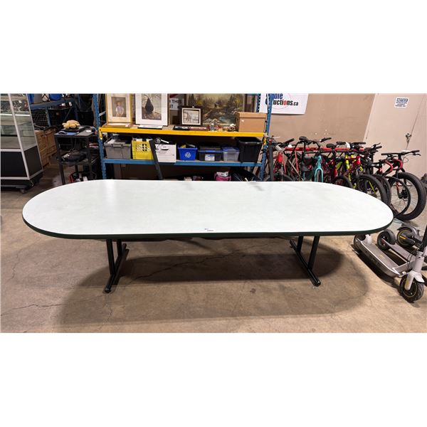 GREEN BOARD ROOM TABLE WITH BLACK METAL LEGS (132"W 49"D 29"H)