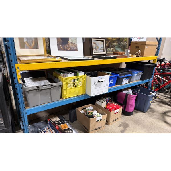 SHELF OF ASSORTED OFFICE ACCESSORIES, CAMERA LENSES AND EMPTY TOTE BINS