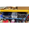 Image 4 : SHELF OF ASSORTED OFFICE ACCESSORIES, CAMERA LENSES AND EMPTY TOTE BINS