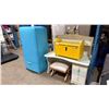 Image 1 : TEAL COOLERATOR VINTAGE FRIDGE *PROP ONLY* & PAINTED WOOD CHILDRENS DESK, SEAT AND