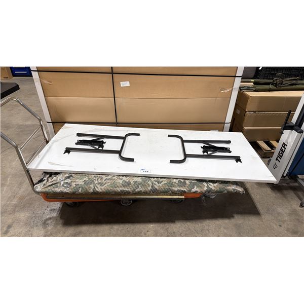 2 LARGE HEAVY DUTY FOLDING TABLES & LARGE PLASTIC WORK SURFACE *ORANGE MOBILE CART NOT INCLUDED*