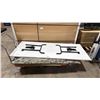 Image 1 : 2 LARGE HEAVY DUTY FOLDING TABLES & LARGE PLASTIC WORK SURFACE *ORANGE MOBILE CART NOT INCLUDED*