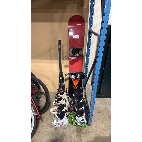 LIQUID VENTURE 53 SNOWBOARD WITH BINDINGS, 4 ASSORTED PAIRS OF SKI BOOTS, & BISSELL UPRIGHT VACUUM