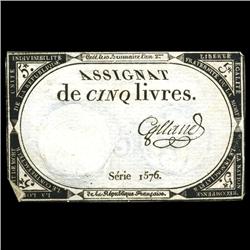 1792 France RARE 5 Livres Assignat Currency AU+ (CUR-05893)