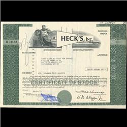 1980s Hecks Stock Certificate Scarce (COI-3439)