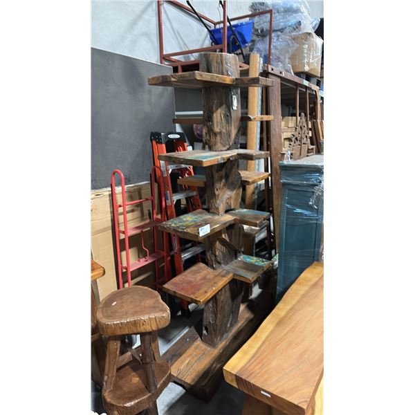 EXOTIC BOATWOOD 8 TIER DISPLAY SHELF APPROX 8'H