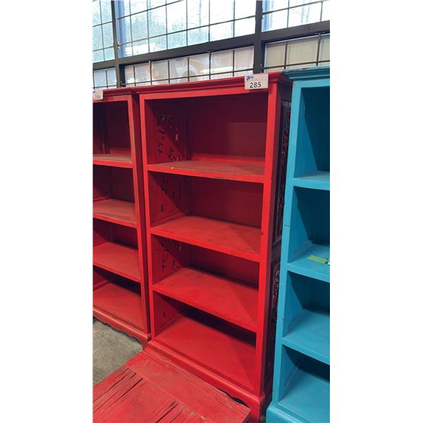 RED EXOTIC WOOD BOOKCASE 70 X 32"