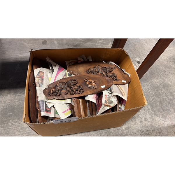 BOX OF WOODEN WALL HANGINGS