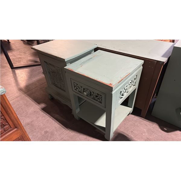 6 PIECE ASSORTED TURQUOISE FURNITURE INCLUDING TABLES AND CABINETS