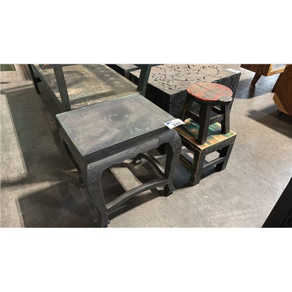 BLACK END TABLE AND 2 KIDS STOOLS 20 X 15"