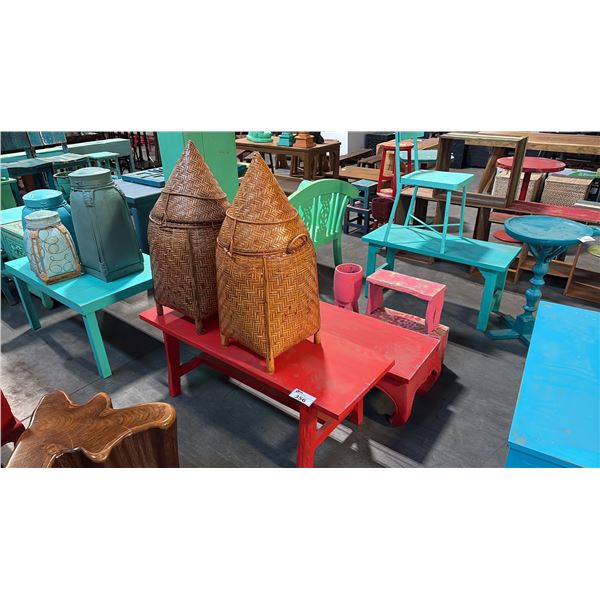 2 RED TABLES AND MISC DECOR ITEMS