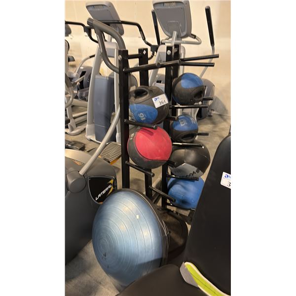 2 RACKS OF 5-TIER MEDICINE BALL RACKS W/ CONTENTS AND BOSU SPORT BALANCE TRAINER