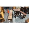 Image 1 : ONE RECLAIMED WOOD TABLE 24"D AND 2 SMALL BENCHES