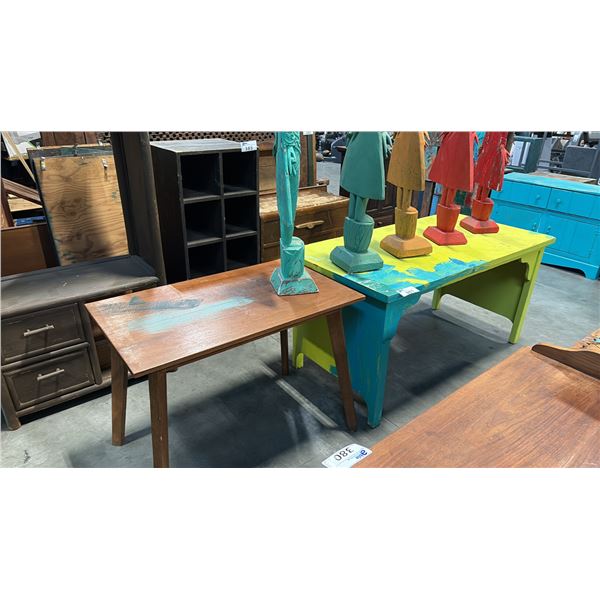 2 HARDWOOD TABLES AND STATUE DECOR