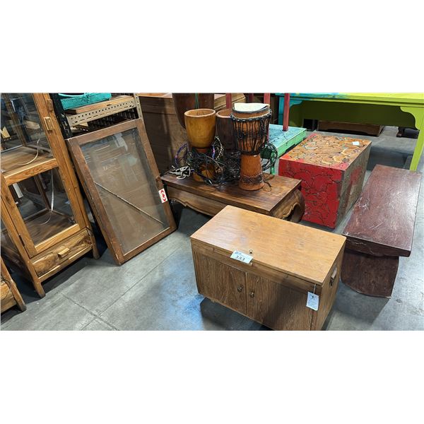 ASSORTED HARDWOOD TABLES AND MISC DECOR